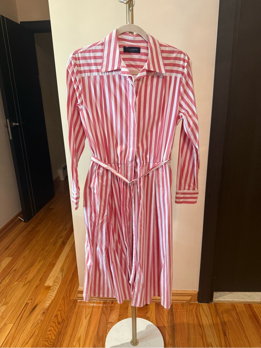 Piazza Sempione Pink & White Striped Shirt Dress with Self-Tie Belt